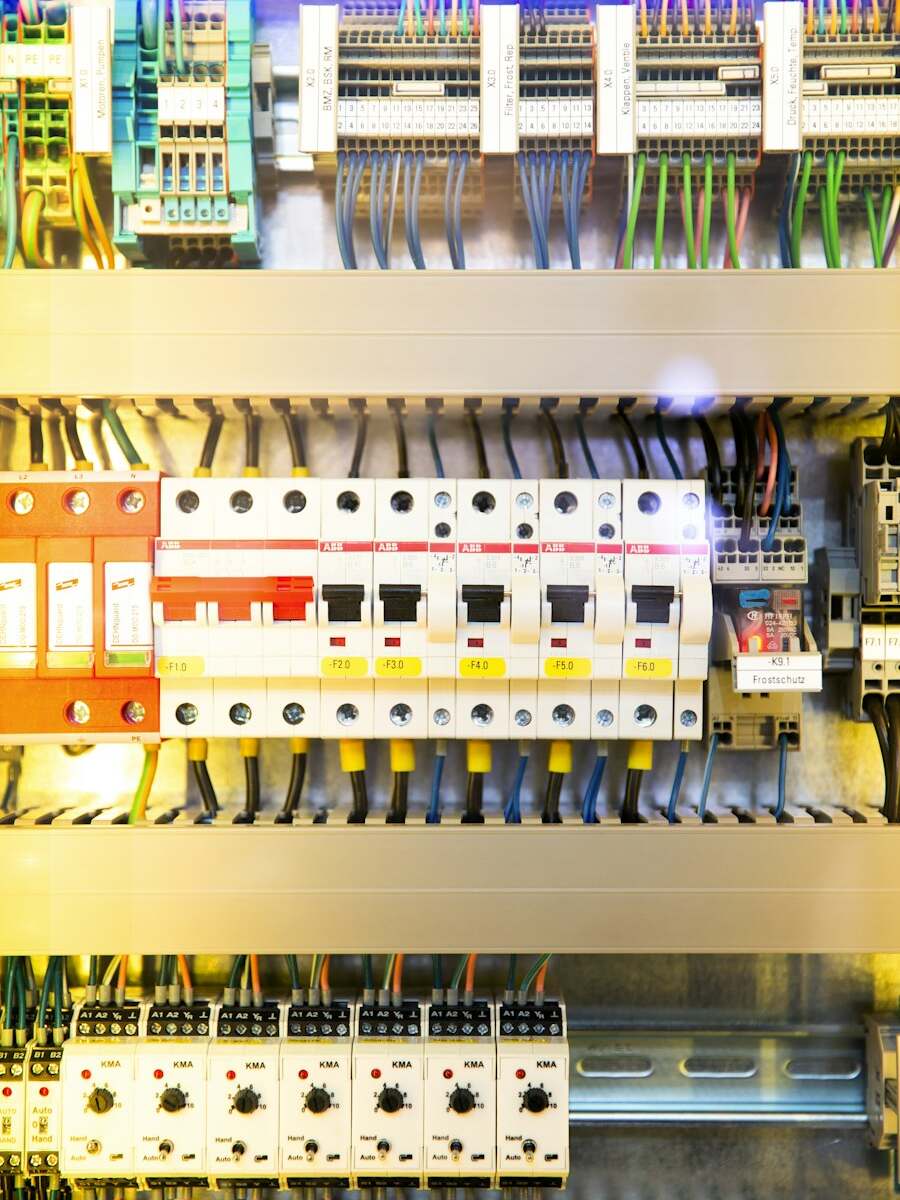 Electrical switch box with breakers and colored wiring