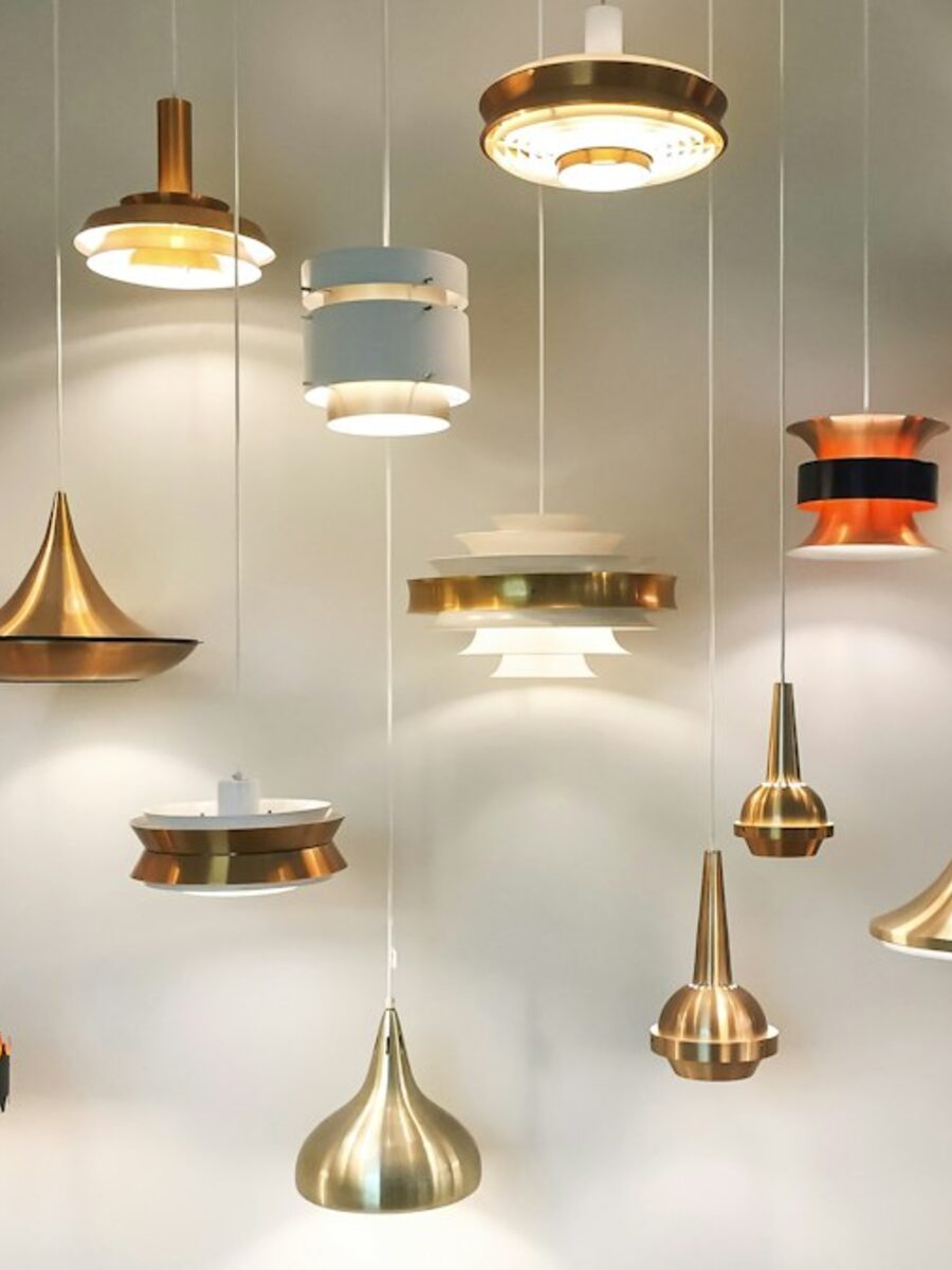 Warm pendant lamps illuminating an interior display